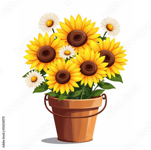 Bucket with sunflowers on white background. Vector illustration.