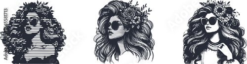 Circle Line Halftone Effect Bundle Featuring Stylish Woman with Voluminous Hair, Trendy Sunglasses, and Floral Crown Illustration in Retro Hash Line Design for Modern Art Projects