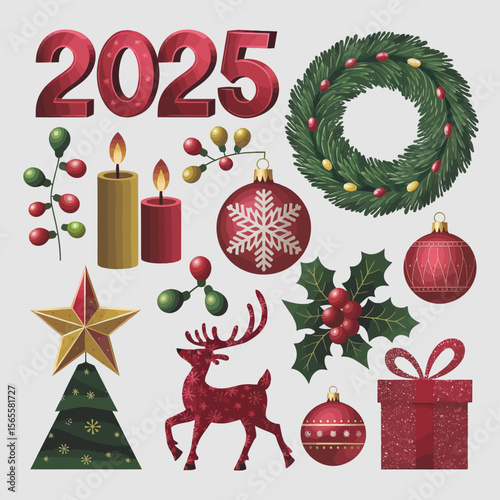 vector Happy New Year Celebrating 2025 in Latin letters , Christmas Decoration Items Santa Claus
