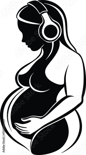 Pregnant Woman Listening to Music Silhouette Illustration