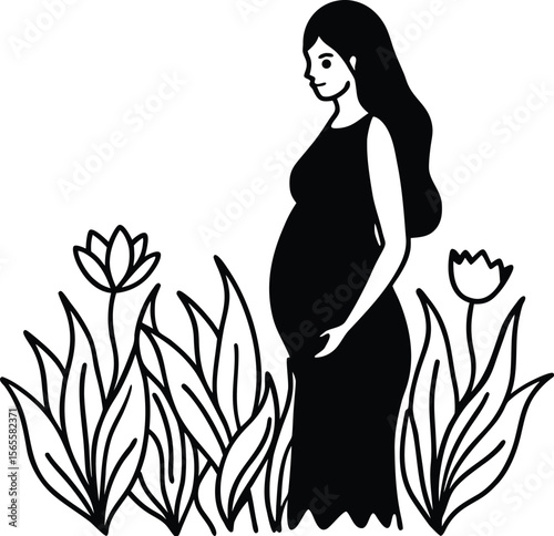 Pregnant Woman in a Garden Line Art Illustration of Motherhood and Nature