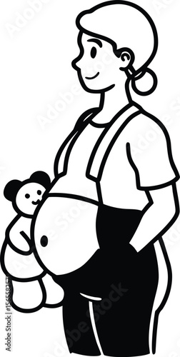 Expecting Mother with Teddy Bear  A Simple Line Art Illustration