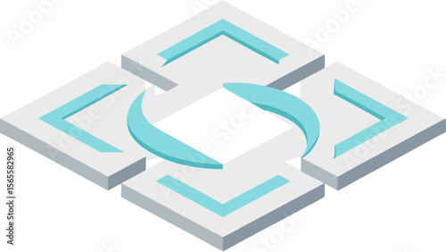 Abstract geometric design with interconnected squares and a circular arrow element