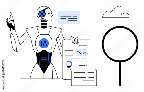 Futuristic robot presenting reports, graphs, and speech bubbles, representing analytics, automation, technology, and decision-making. Ideal for AI, data science innovation research education