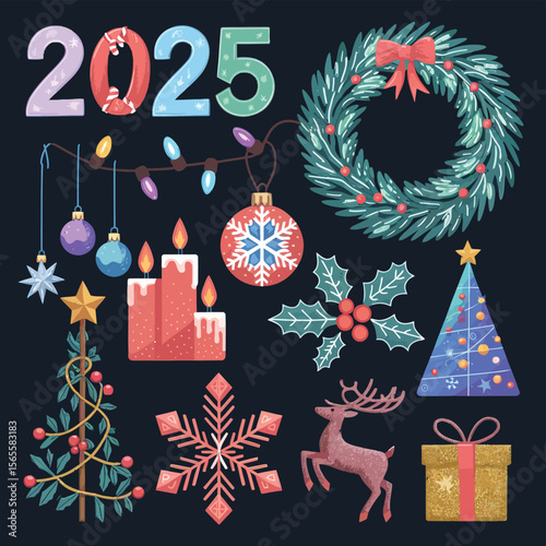 vector Happy New Year Celebrating 2025 in Latin letters , Christmas Decoration Items Santa Claus
