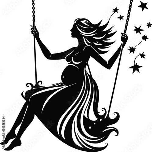 Serene Pregnant Woman on Swing Silhouette Artistic Illustration