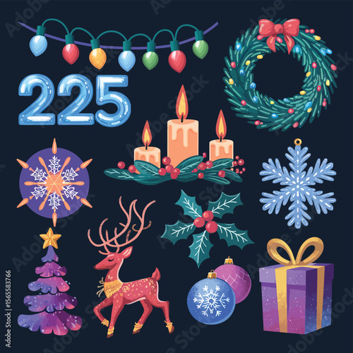vector Happy New Year Celebrating 2025 in Latin letters , Christmas Decoration Items Santa Claus
