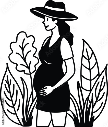 Happy Pregnant Woman in Summer Dress, Black and White Illustration