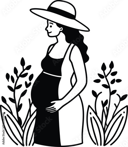 Expecting Mother A Black and White Illustration of Pregnancy Joy