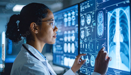 Medical Professional Analyzing X-rays: A dedicated medical professional, clad in a pristine coat, intently studies detailed x-ray imagery.