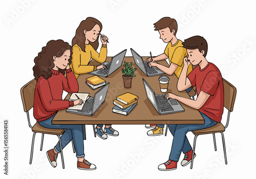 Illustration of students or young professionals collaborating and working on laptops at a shared table with books and coffee.