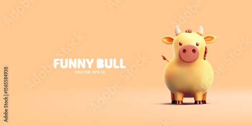 Cartoon cow, bull, 3D character. Modern banner with farm cattle. For natural products concepts. Vector illustration.