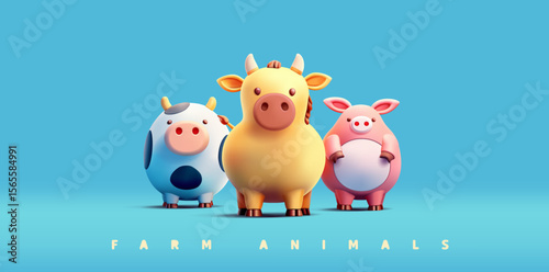 3D farm animal characters with cow, pig, horse, and bull. Cartoon funny characters. For farming concepts, branding, and natural products. Vector illustration.