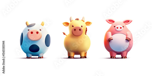Set of colorful stylized 3D farm animals on a white background. Cow, pig, horse, bull. Realistic icons. For concepts of pets, products, and eco-friendly goods. Vector illustration.