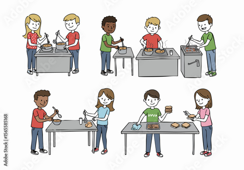 Cartoon illustration of diverse children preparing and serving food, working together in a kitchen or community setting.