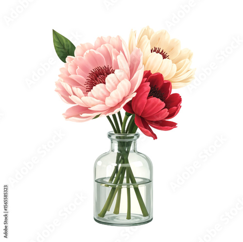 Bouquet of pink and white flowers in a glass vase isolated on white background