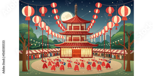 Obon Lantern, Japanese cultural lantern festival at a traditional temple with glowing lights, full moon, festive crowd, and night ambiance celebrating heritage