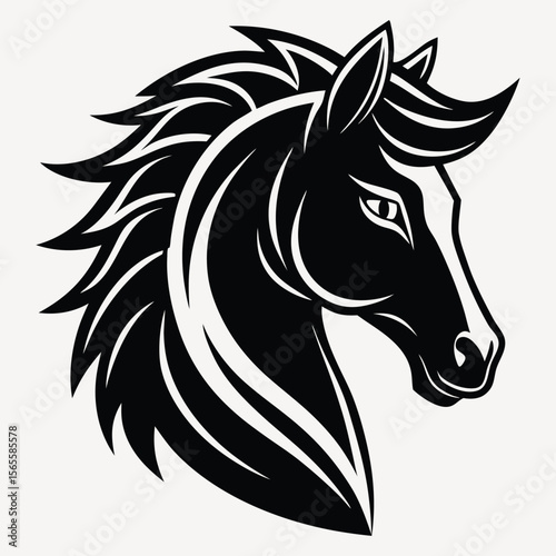 Elegant Black Horse Head Silhouette with Flowing Mane and Stylish Design Elements