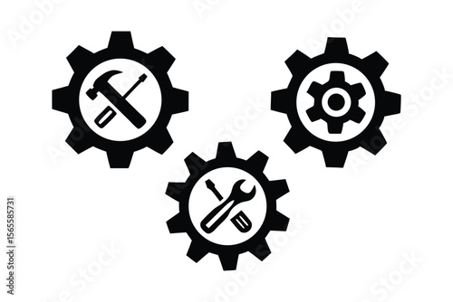 Black Silhouette Tool and Gear Vector Icon Set for Engineering Design Projects