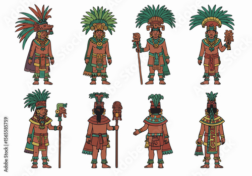 Set of Ancient Mesoamerican People Illustrations in Traditional Dress, Featuring Warriors, Rulers, and Priests with Elaborate Headdresses and Ornate Clothing