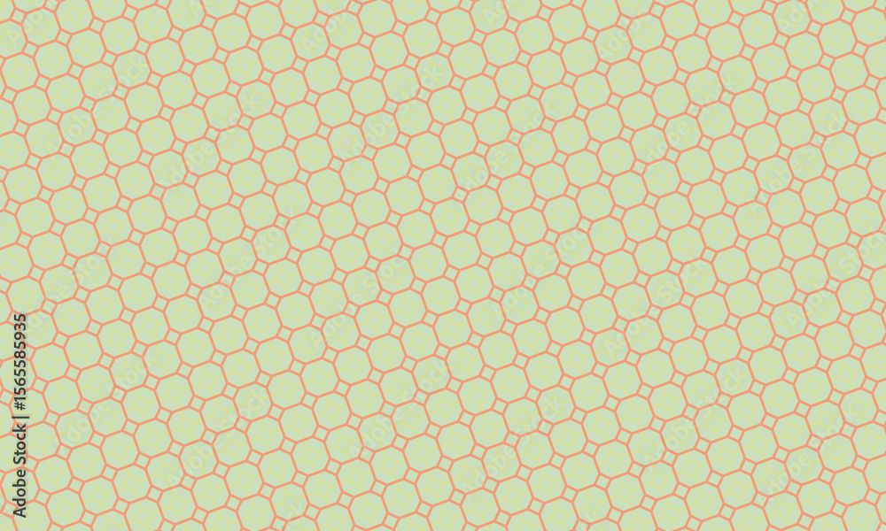 Fototapeta premium Gentle backdrop shows peach octagons interconnected on a pastel green surface, creating a soft, repeating honeycomb-like pattern.