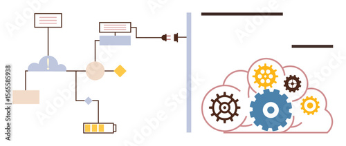Flowchart with connectors, nodes, and battery linked to a wall and cloud with gears. Ideal for technology, automation, process optimization, innovation, workflow, system design simple flat metaphor