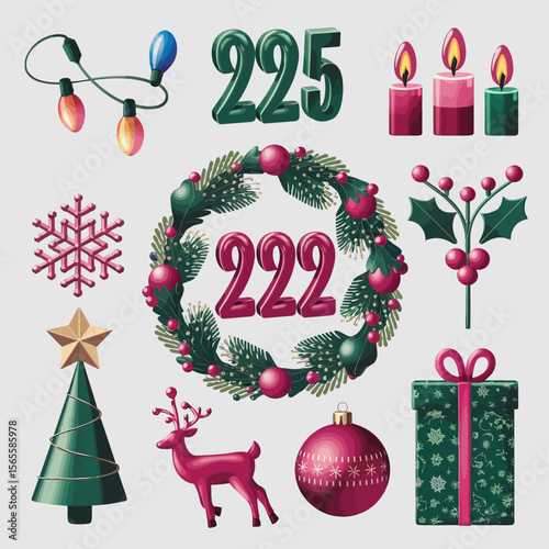 vector Happy New Year Celebrating 2025 in Latin letters , Christmas Decoration Items Santa Claus
