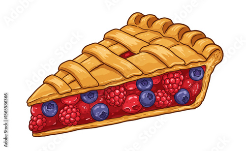 Delightful berry pie slice graphic featuring raspberries and blueberries with a golden crust, suitable for menu design and branding.