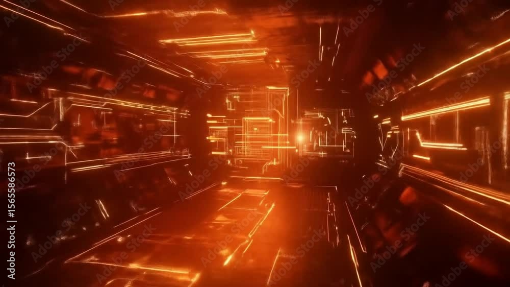 A futuristic, glowing orange tunnel with intricate, digital pathways.  Lines and structures converge in a central point