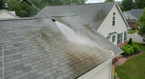 Residential house roof being power washed