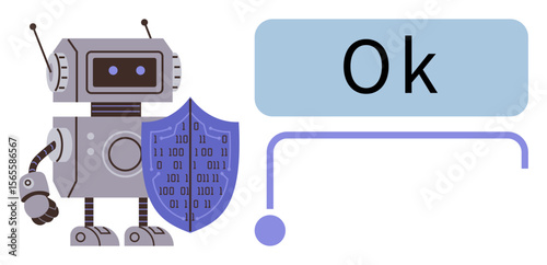 Robot holding binary-embedded shield beside Ok text in bubble, portraying approval, protection. Ideal for cybersecurity, AI, internet safety, data security, technology coding approval. Simple flat