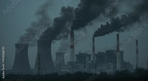 Dark, hazy scene of industrial plant emitting thick plumes of dark smoke into twilight sky