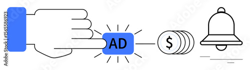 Hand pressing ad button, coins representing revenue, notification bell for alerts. Ideal for online ads, revenue generation, marketing strategy, pay-per-click, notifications, branding simple flat