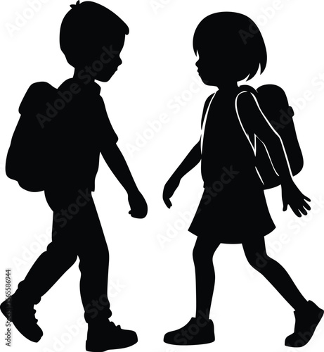 Silhouette of Two Young Children Walking with Backpacks,  Back to School Illustration. new 2025 trendy     