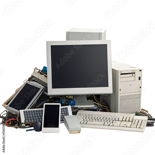 Pile of old computer parts and electronics, isolated on transparent background