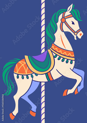 Carousel horse illustration, vibrant colors, for children's book, with copy space
