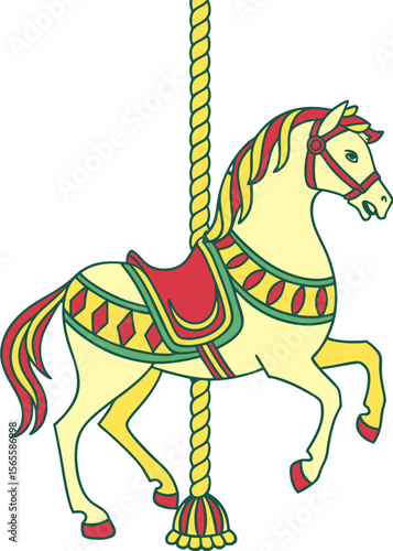 Carousel horse illustration, whimsical style, yellow and red, for children's book illustration