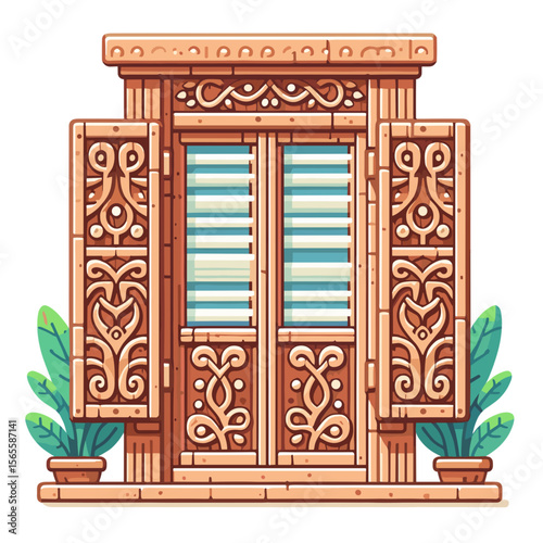 Ornate wooden window shutters with decorative carvings in Mediterranean cartoon style. Ideal for architectural details, traditional home design or cultural building elements illustrations.