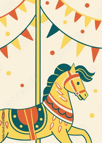 Carousel horse illustration, whimsical style, yellow and orange, for children's book, with copy space