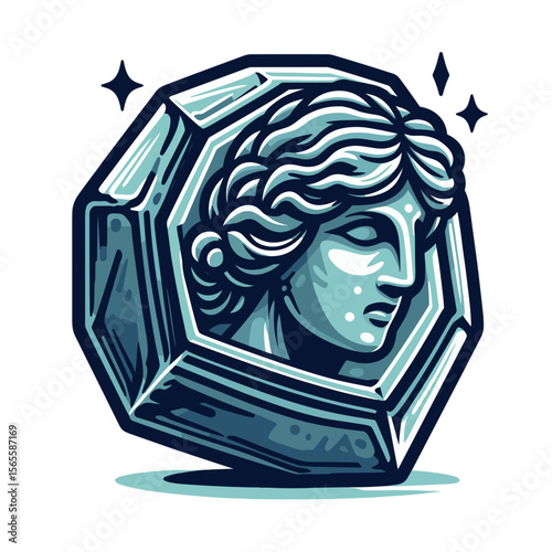 Classical female cameo in blue stone with detailed profile in vintage cartoon style. Great for antique jewelry design, historical portraits or classical art illustrations.