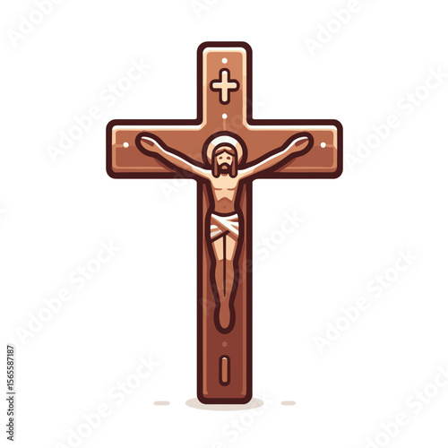 Wooden crucifix with Jesus figure in traditional religious cartoon style. Perfect for Christian worship spaces, religious education or spiritual gift illustrations.