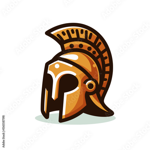 Greek Spartan helmet in gold with red plume in historical cartoon style. Great for ancient warrior exhibitions, classical military history or battle gear illustrations.