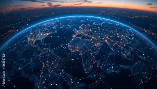 Global Data Network At Twilight. Earth From Space Shows Connectivity. Digital World Illuminating City Lights. Nighttime View Highlights Data Hubs.