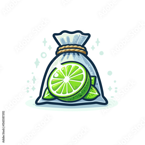Small fabric bag with lime slice in fresh cartoon style. Perfect for aromatherapy products, citrus scent sachets or natural air freshener illustrations.