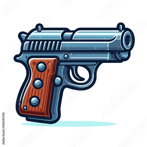 Pistol with wooden handle in metallic blue cartoon style. Ideal for shooting sports competitions, firearm safety education or historical weapon collections illustrations.