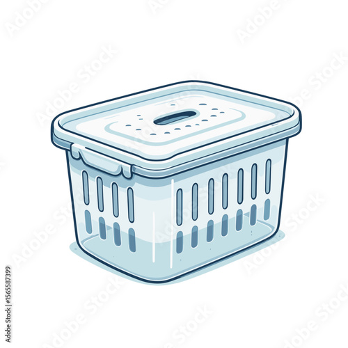White plastic storage container with lid and ventilation holes in minimalist cartoon style. Great for home organization products, kitchen storage solutions or decluttering illustrations.