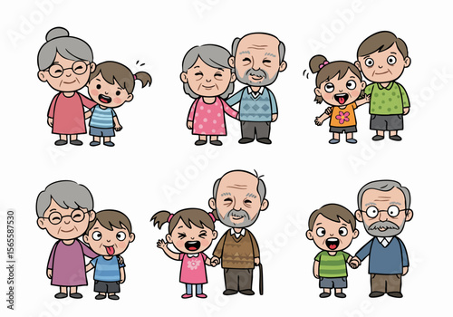 Set of cartoon illustrations depicting happy grandparents spending time and bonding with their grandchildren, showing various poses and emotions.
