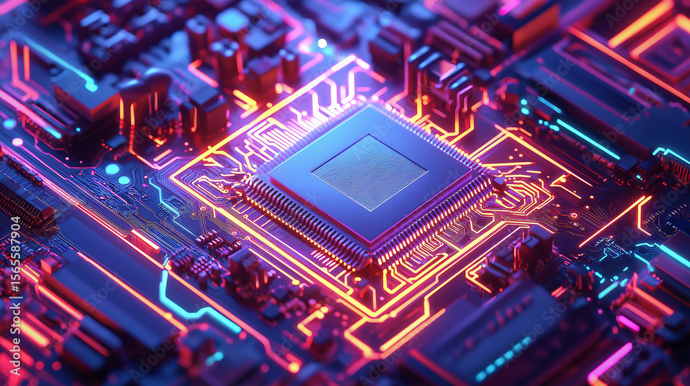 Fototapeta premium Neon Pink Orange Processor Chip Circuit Board Technology