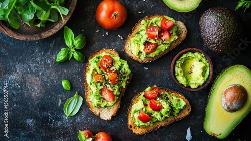 Vibrant Dinner Spread Featuring Avocado Bruschetta - A Healthy Snack or Meal Option with Colorful Background