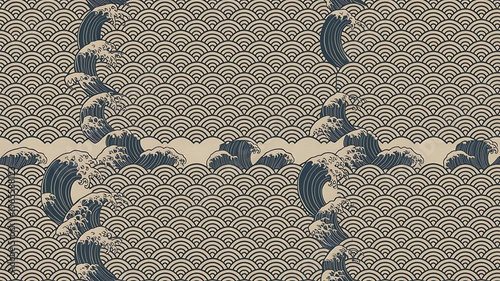 Deep blue waves on beige seigaiha pattern Japanese wave pattern